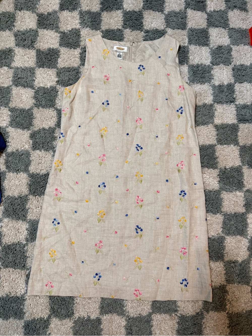Talbots vintage 100% linen beige sleeveless dress embroidered flowers size 12P